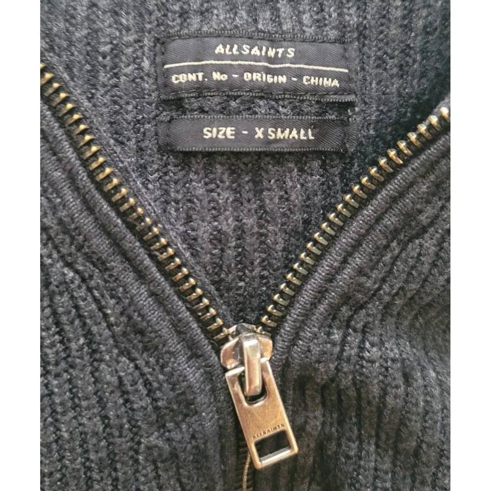 AllSaints Ribbed Zip Cardigan Mens XS Dark Gray Wool Blend Sweater Full Zip